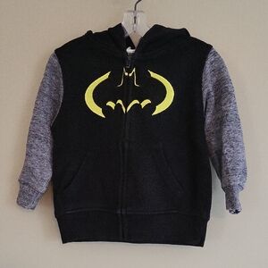 Batman black zip up hoodie with yellow logo and grey sleeves